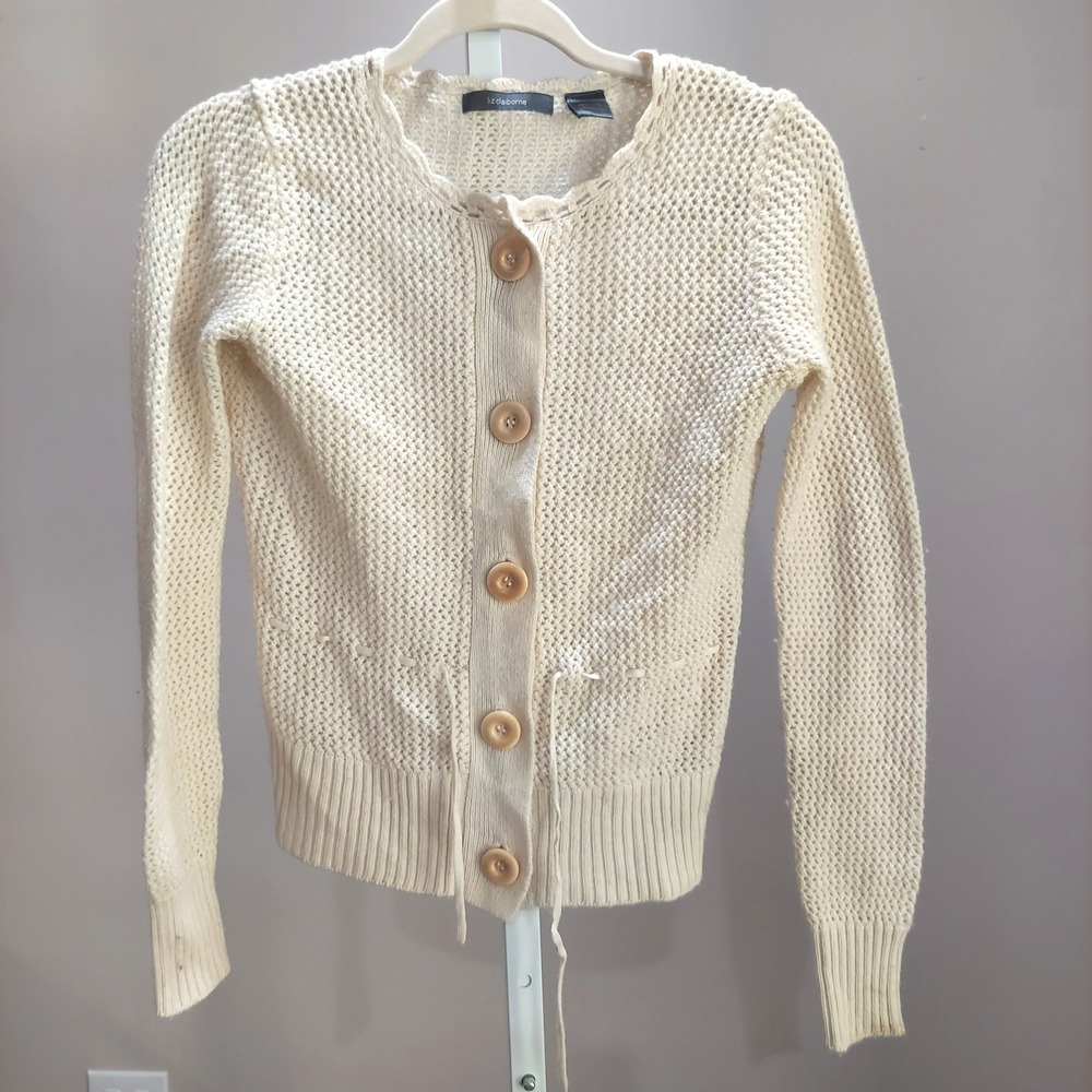 Cream Open Knit Wool Blend Button Front Cardigan Sweater S Cottagecore Grandma